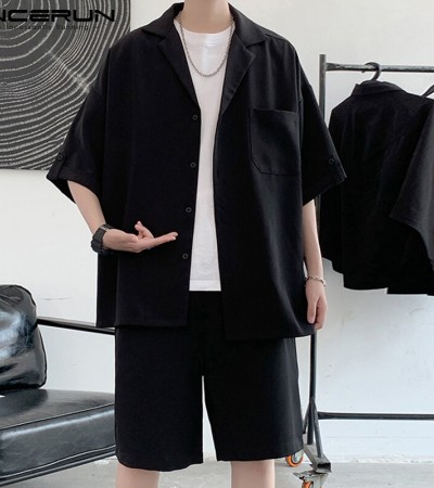 INCERUN男式短袖韩式休闲西装纽扣衬衫弹性腰间短裤套装（韩式）